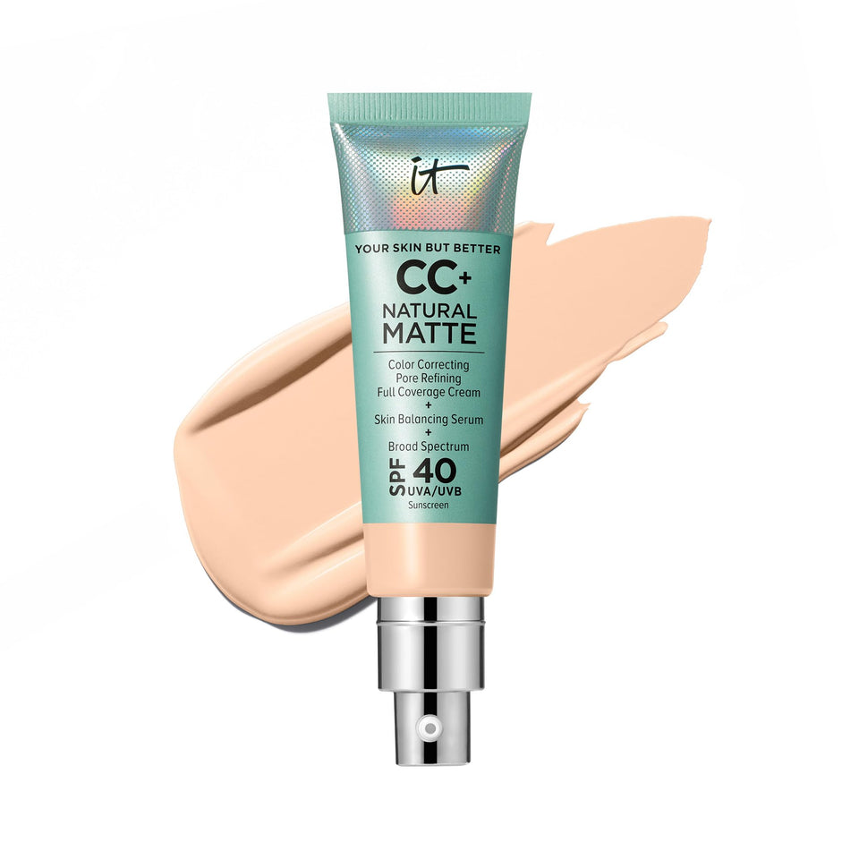 IT Cosmetics CC+ Natural Matte bottle with pump delivering a velvety matte finish.