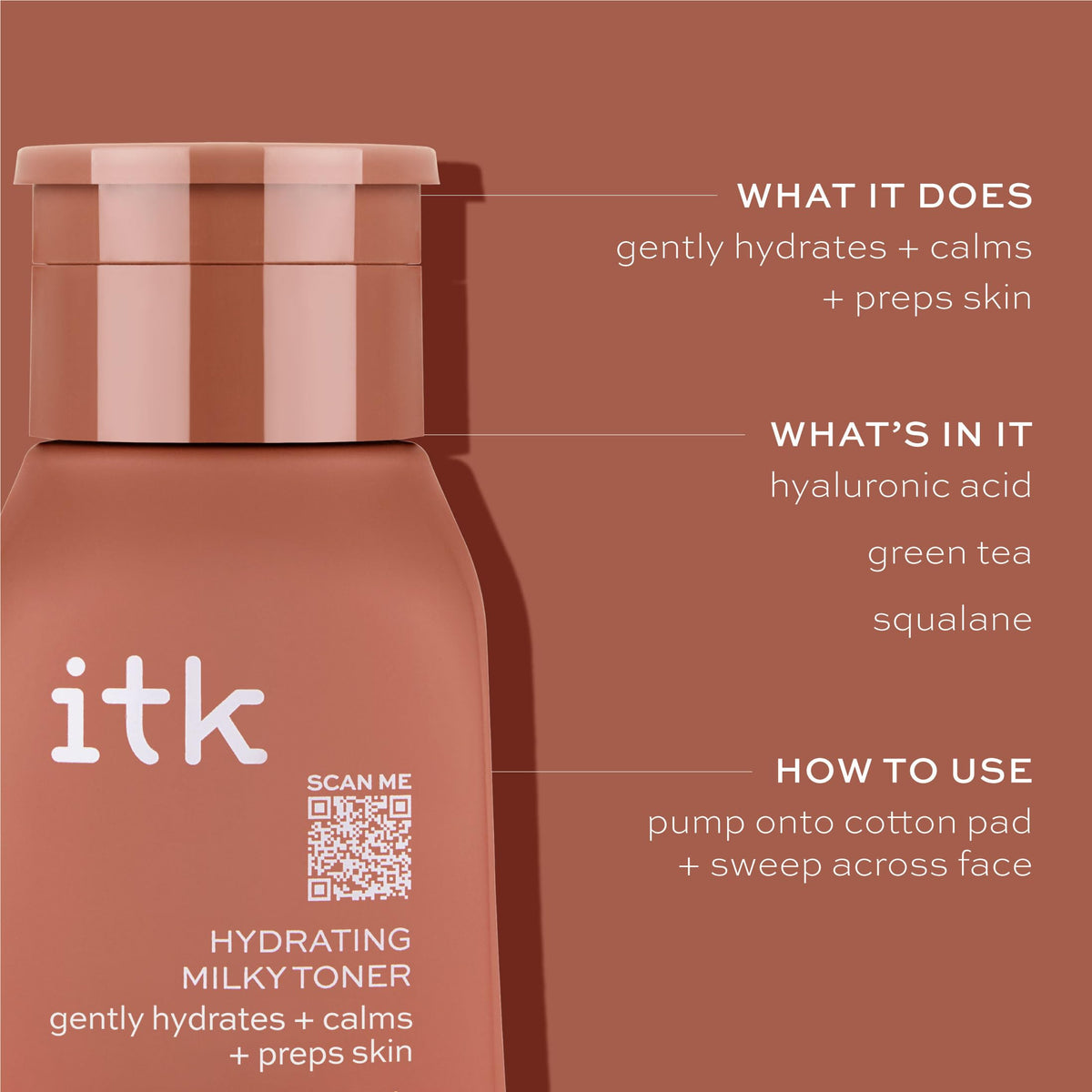 ITK Green Tea-infused toner ingredient panel highlights calming antioxidants.