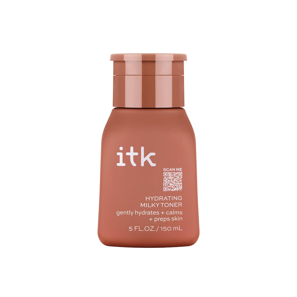 ITK Hydrating Milky Toner bottle showing hydrating formula for dry skin comfort.