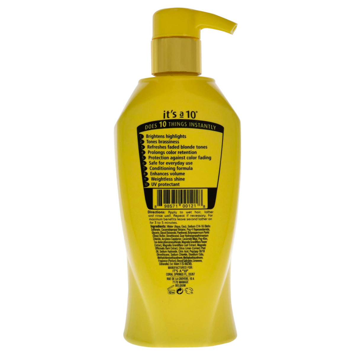 It's a 10 Haircare Miracle Brightening Shampoo for Blondes showcases luminous lather and color protection.