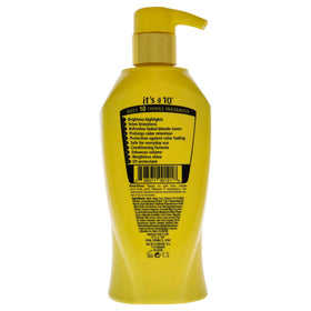 It's a 10 Haircare Miracle Brightening Shampoo for Blondes showcases luminous lather and color protection.