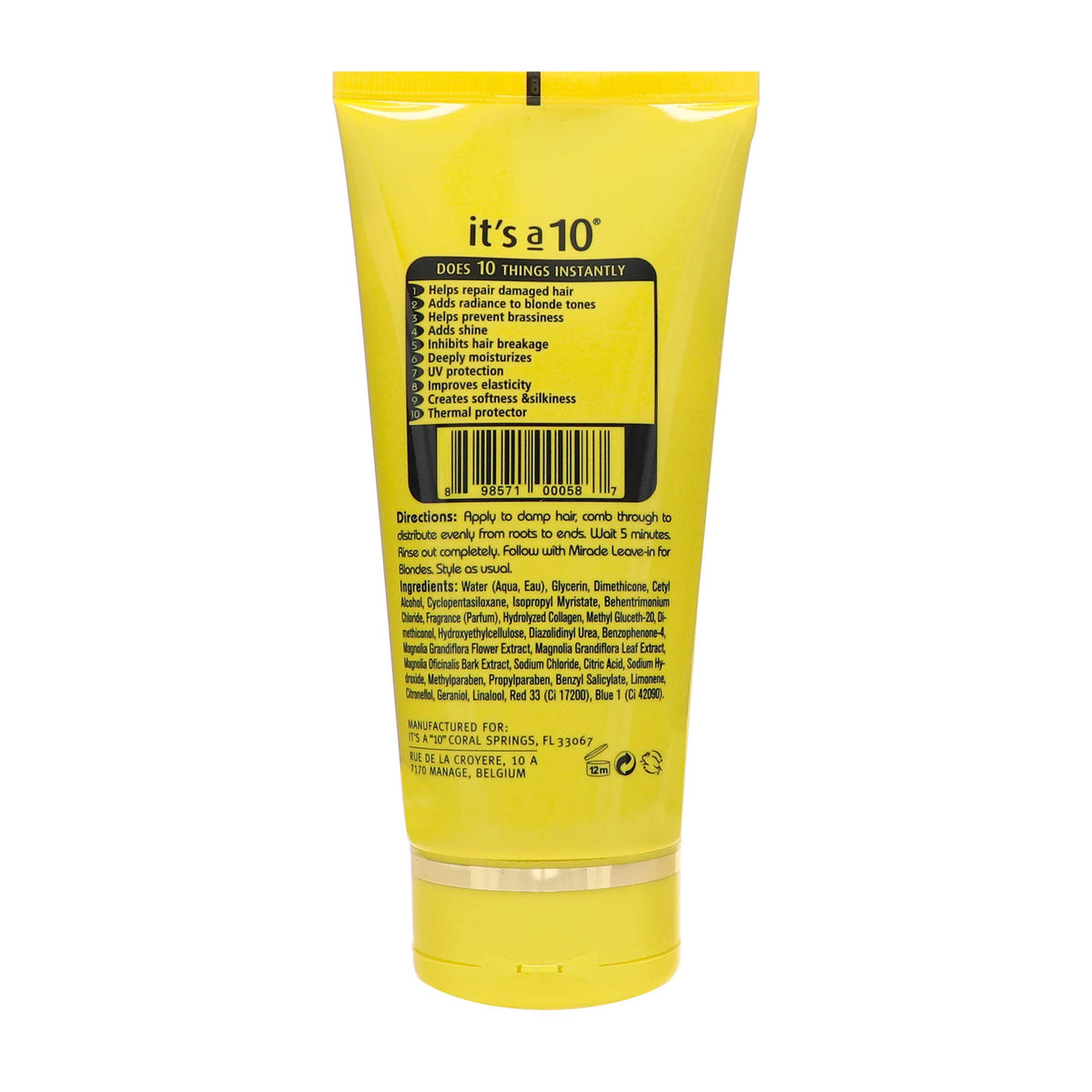 It's a 10 Haircare Five Minute Hair Repair for Blondes bottle back, clear usage guidance