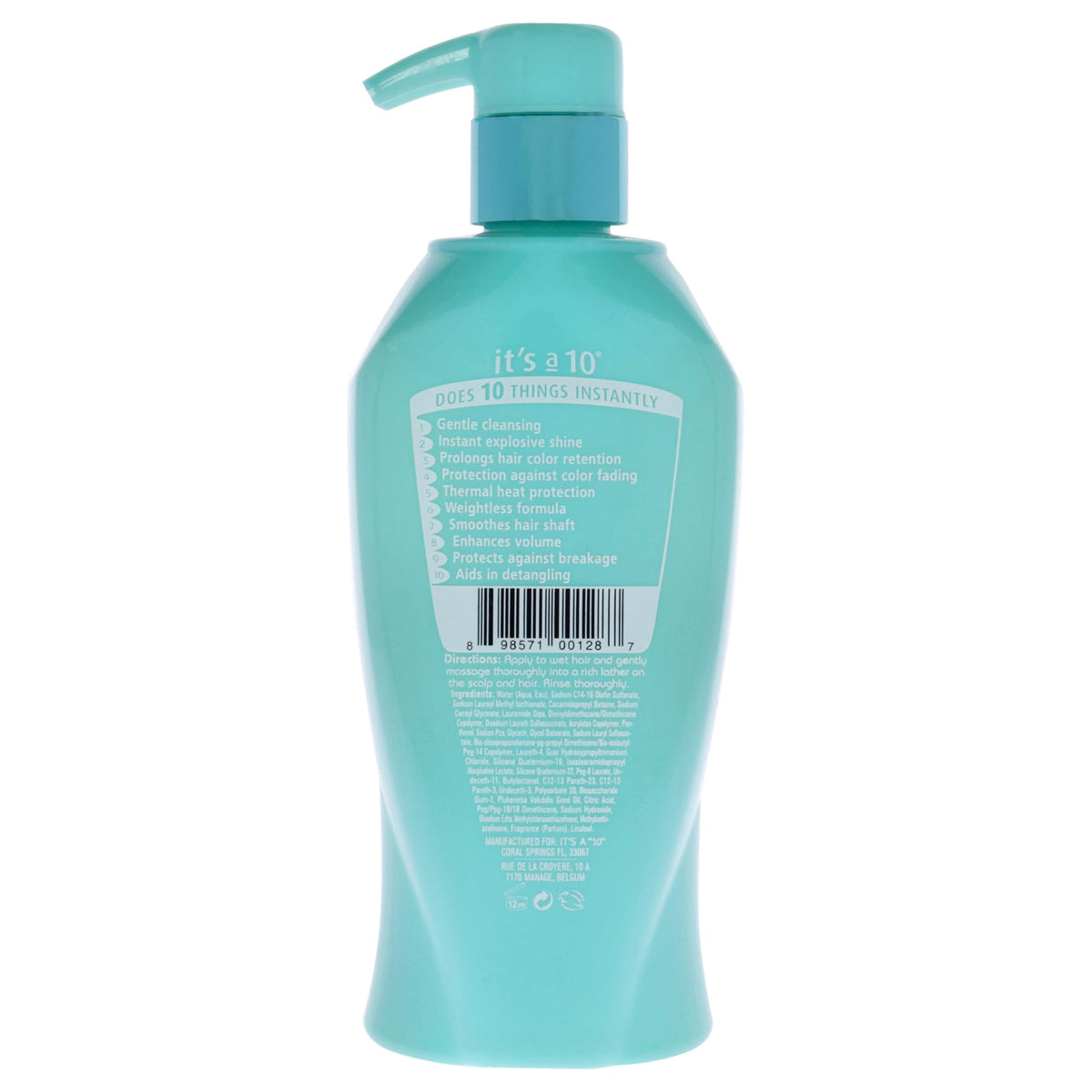 It's a 10 Haircare shampoo label highlighting ingredients and detangling benefits for smoother hair.