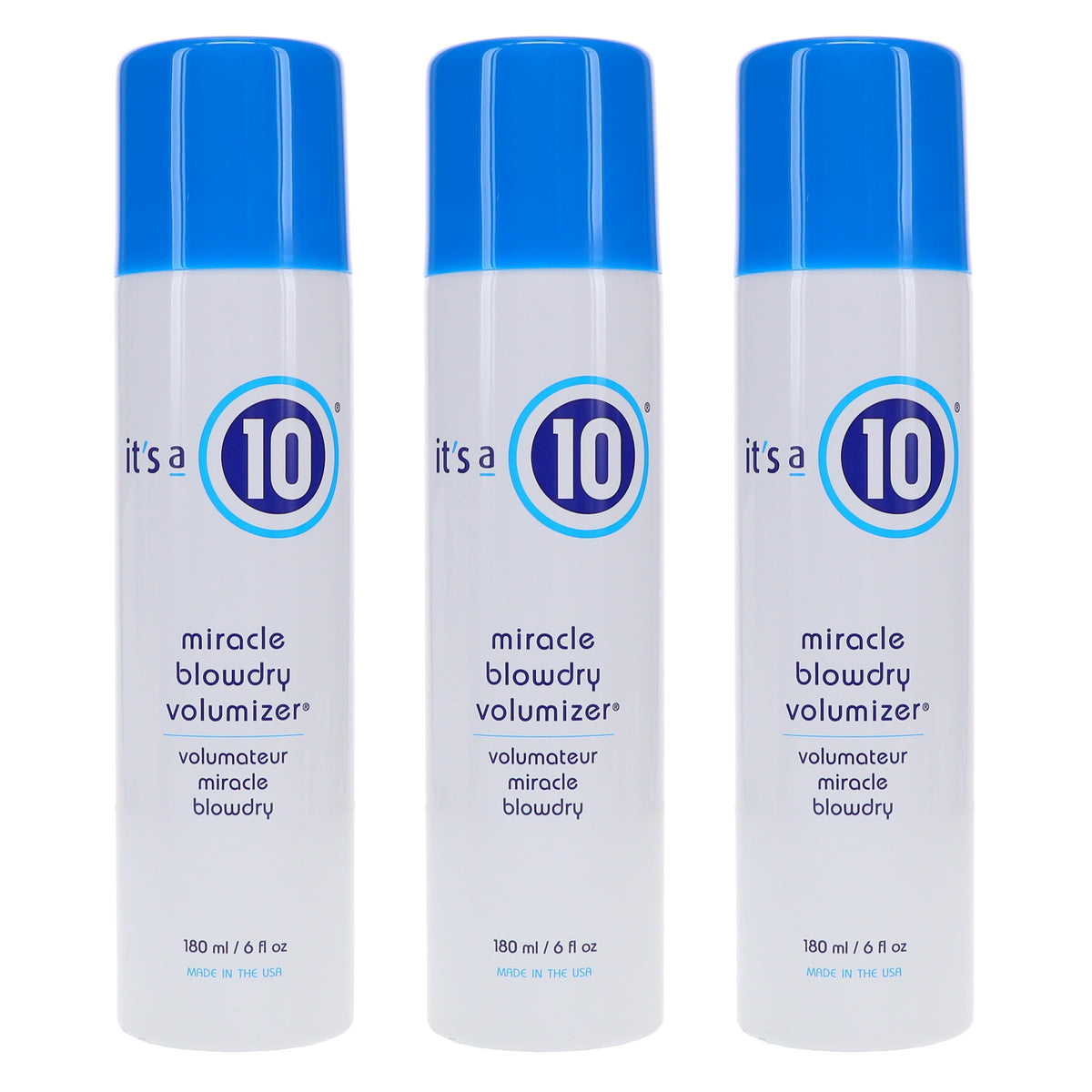 It's a 10 Miracle Blowdry Volumizer bottle close-up highlighting silky texture and added volume.