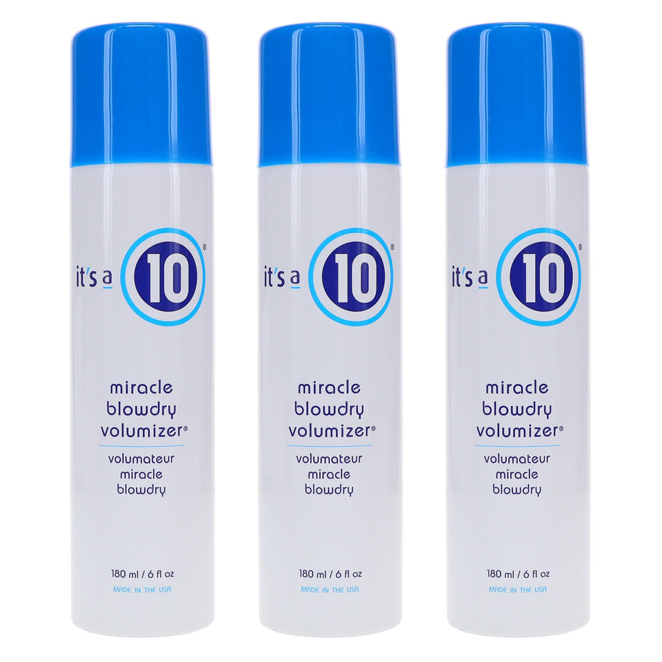 It's a 10 Miracle Blowdry Volumizer bottle close-up highlighting silky texture and added volume.