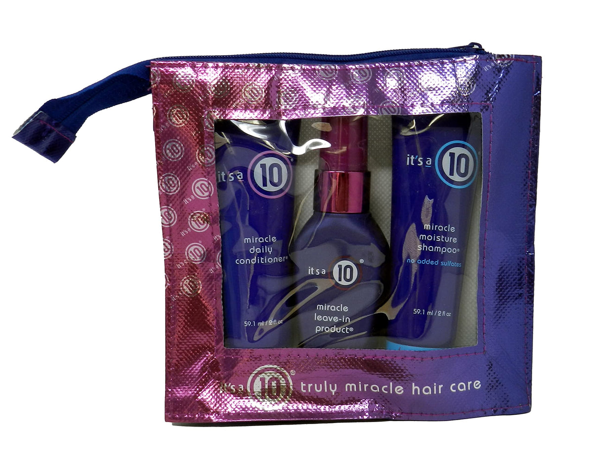 Its 10 Haircare Miracle Originals Kit contents show shampoo, conditioner, and leave-in for smoother, hydrated hair.