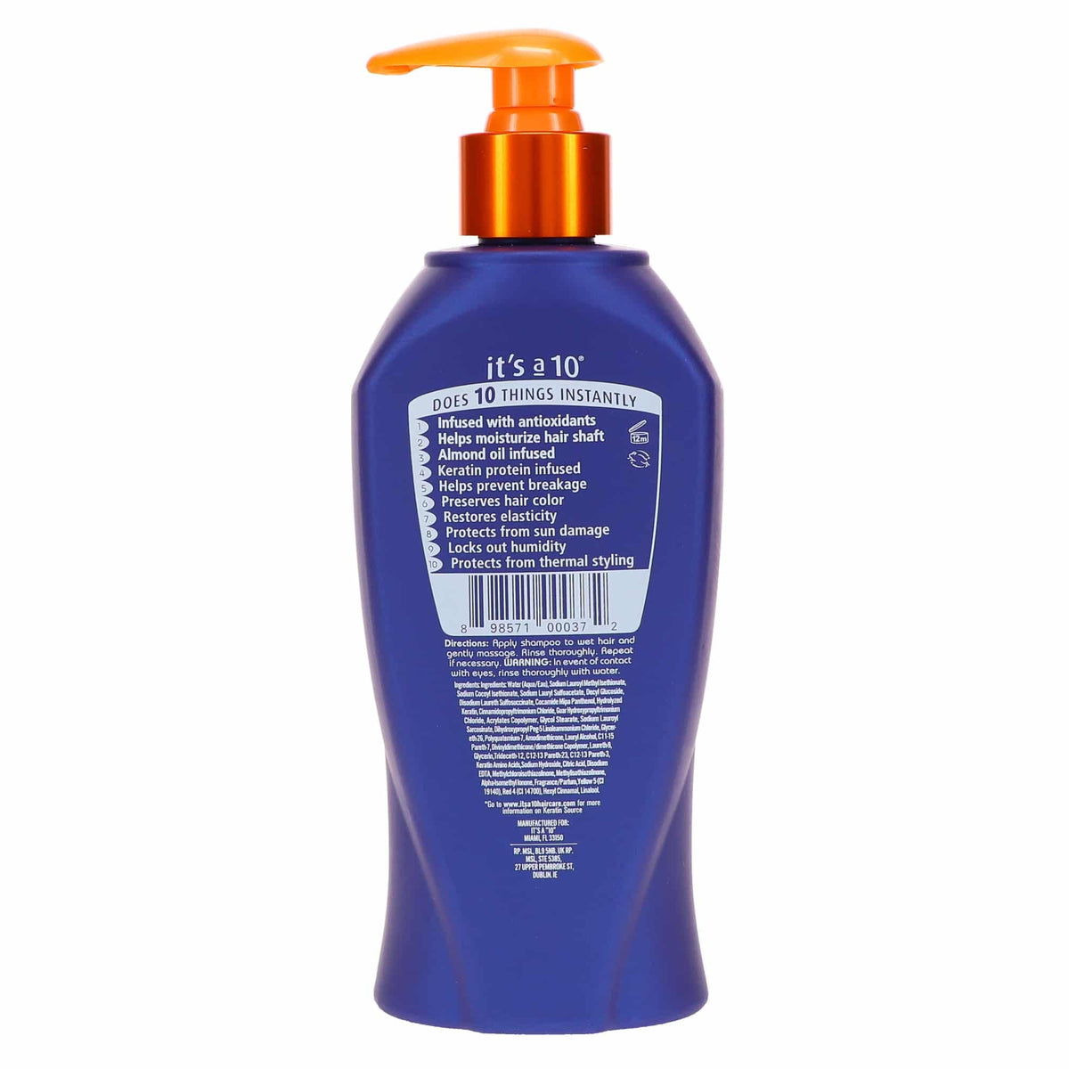It's a 10 Miracle Shampoo Plus Keratin 2-pack bottle back view suggests nourishment.