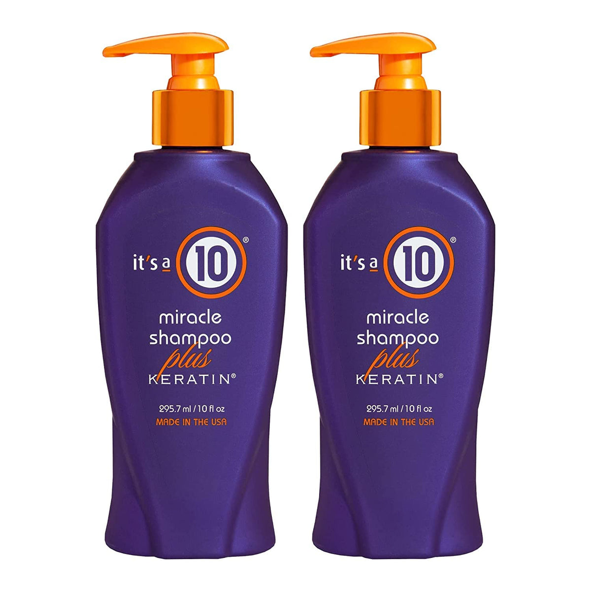 It's a 10 Miracle Shampoo Plus Keratin bottle front view for shine and protection.