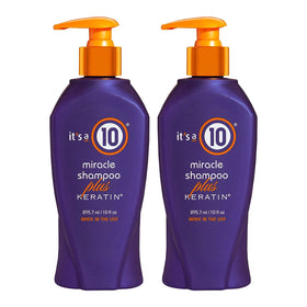 It's a 10 Miracle Shampoo Plus Keratin bottle front view for shine and protection.