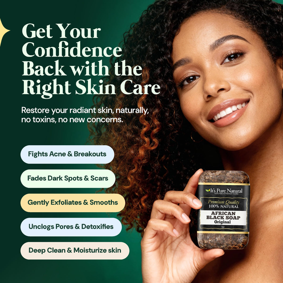It's Pure Natural African Black Soap Bar close-up texture showing natural unrefined particles.