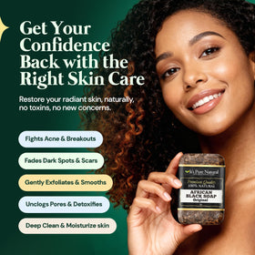 It's Pure Natural African Black Soap Bar close-up texture showing natural unrefined particles.