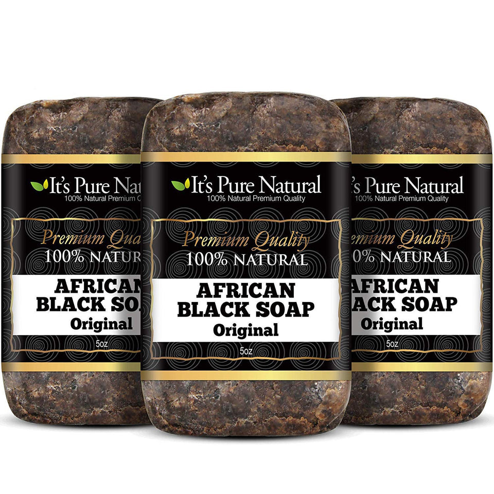 It's Pure Natural African Black Soap Bar original shown in a convenient pack for face and body cleansing.