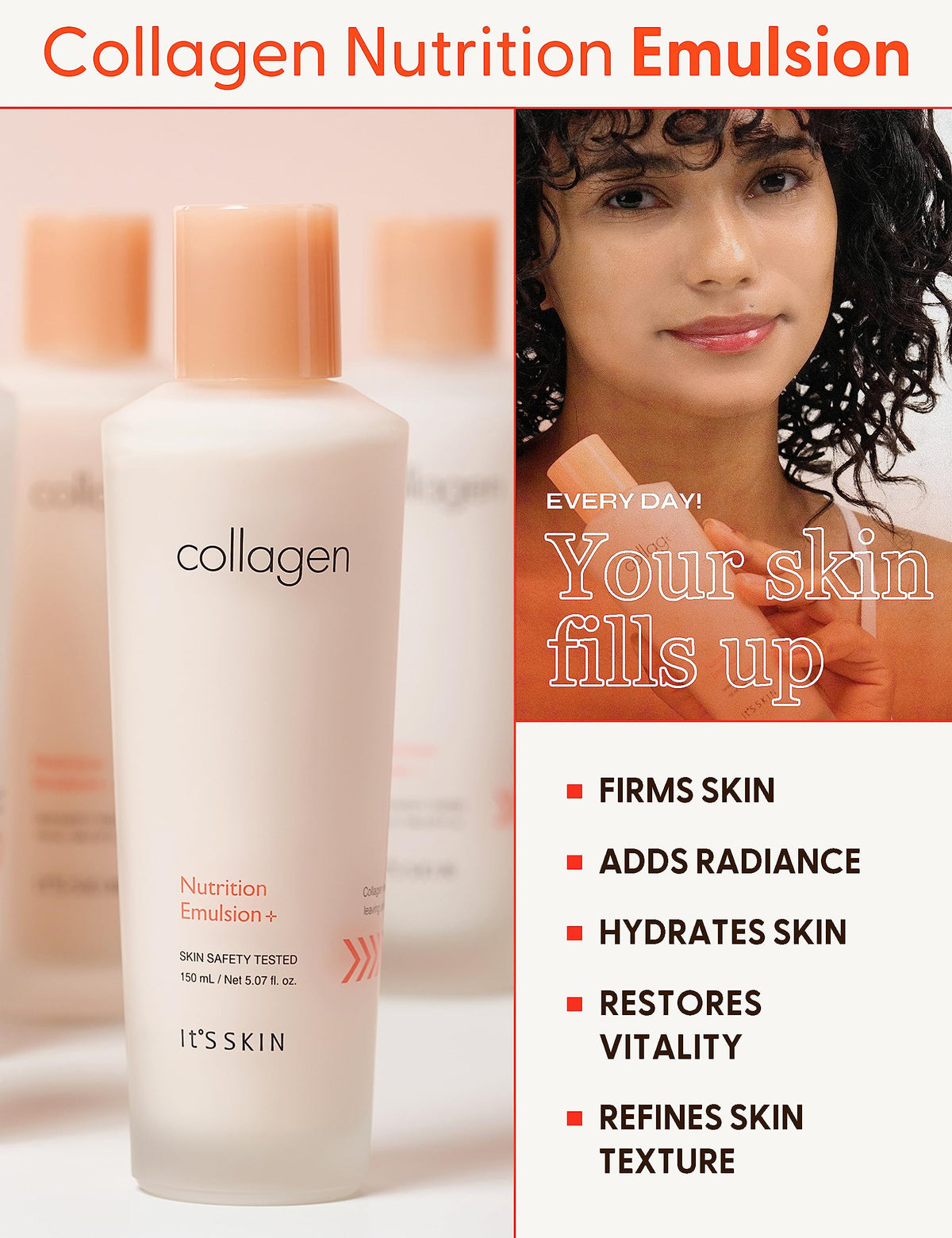 Its Skin Collagen Nutrition Emulsion texture close-up showing creamy, fast-absorbing moisturizer.