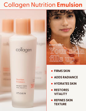Its Skin Collagen Nutrition Emulsion texture close-up showing creamy, fast-absorbing moisturizer.