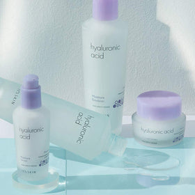 Ingredient highlights show hyaluronic acid for moisture retention.