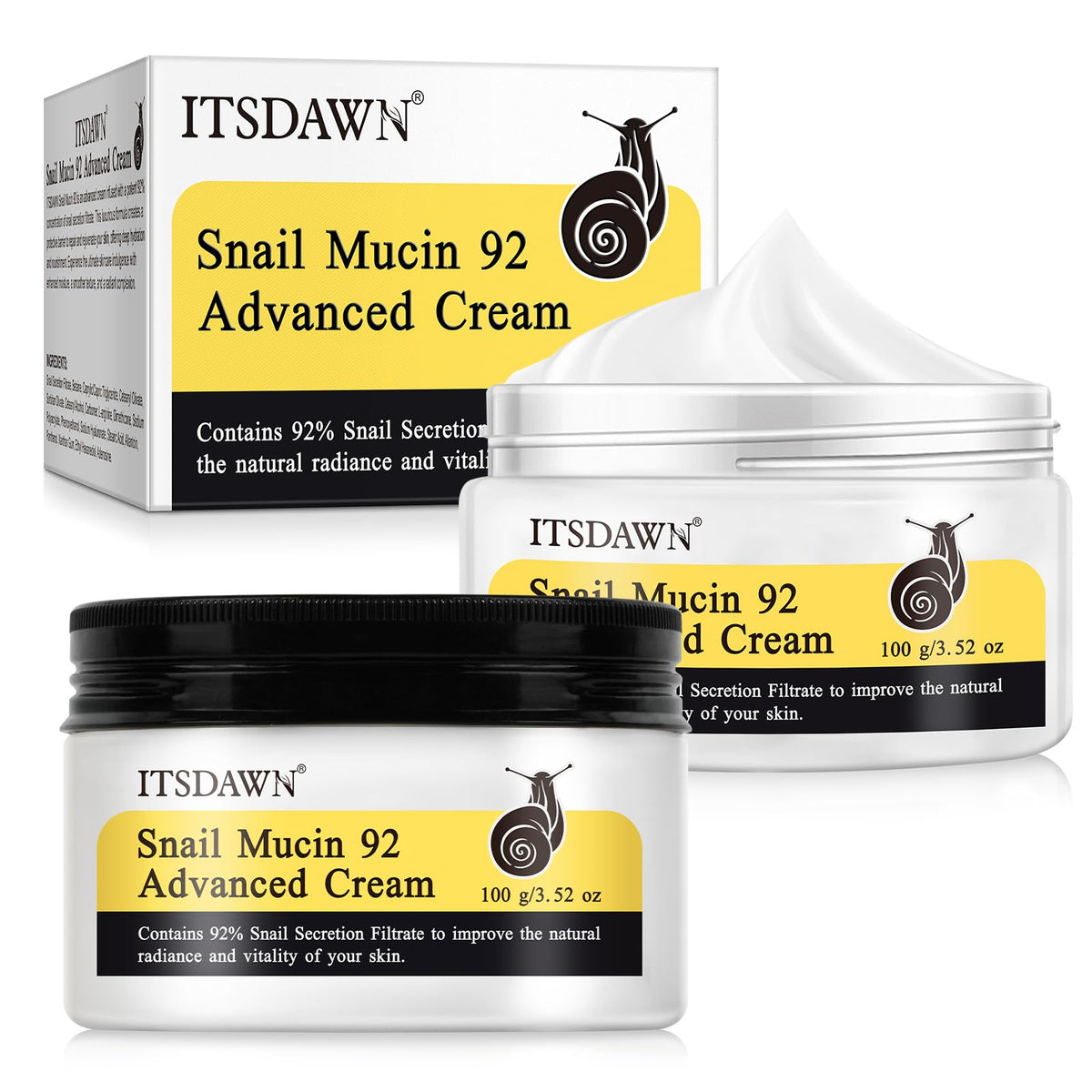 ITSDAWN Snail Mucin 92% Face Cream 100g pack bottle delivers deep hydration for dry skin.