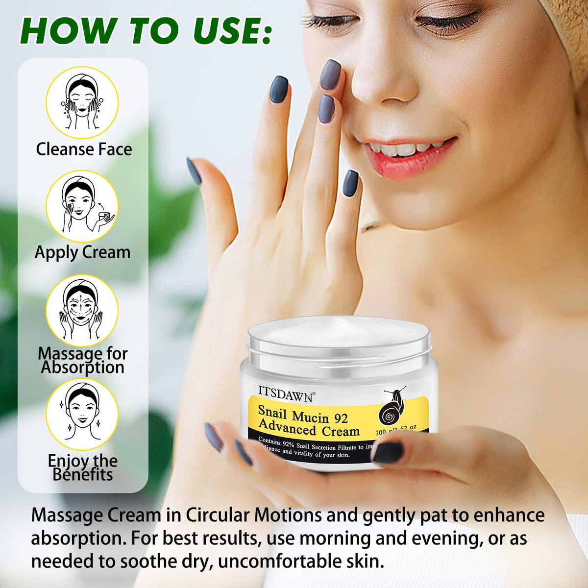ITSDAWN snail mucin cream dry-skin scene demonstrates lasting moisturization without heaviness.