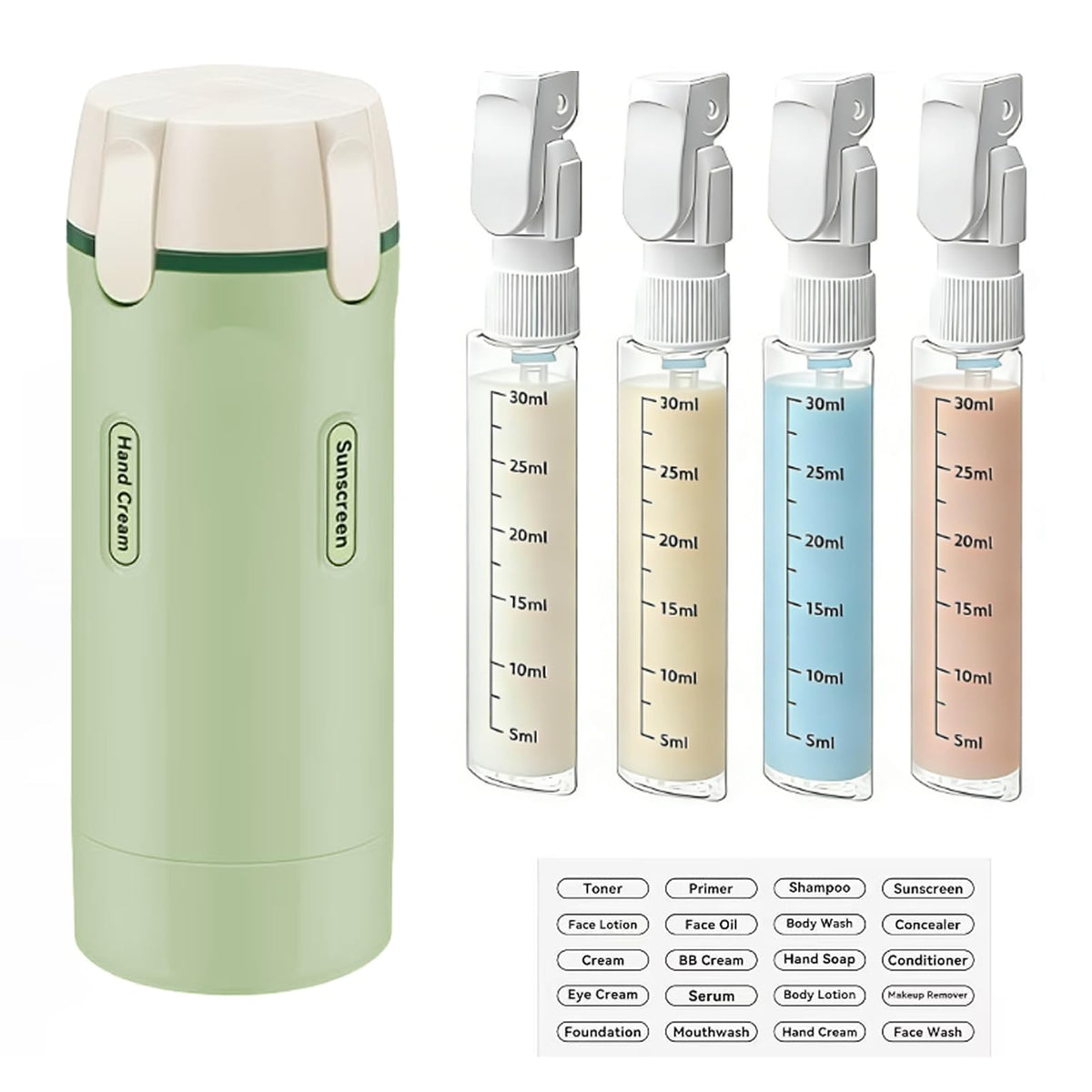 IULWJPU 4-in-1 travel dispenser bottle assembled, keeps toiletries neatly organized.