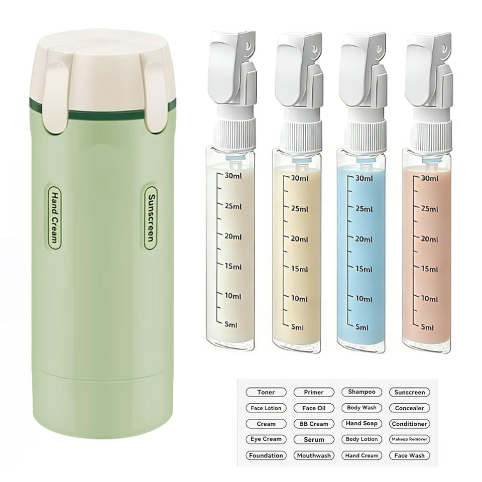 IULWJPU 4-in-1 travel dispenser bottle assembled, keeps toiletries neatly organized.