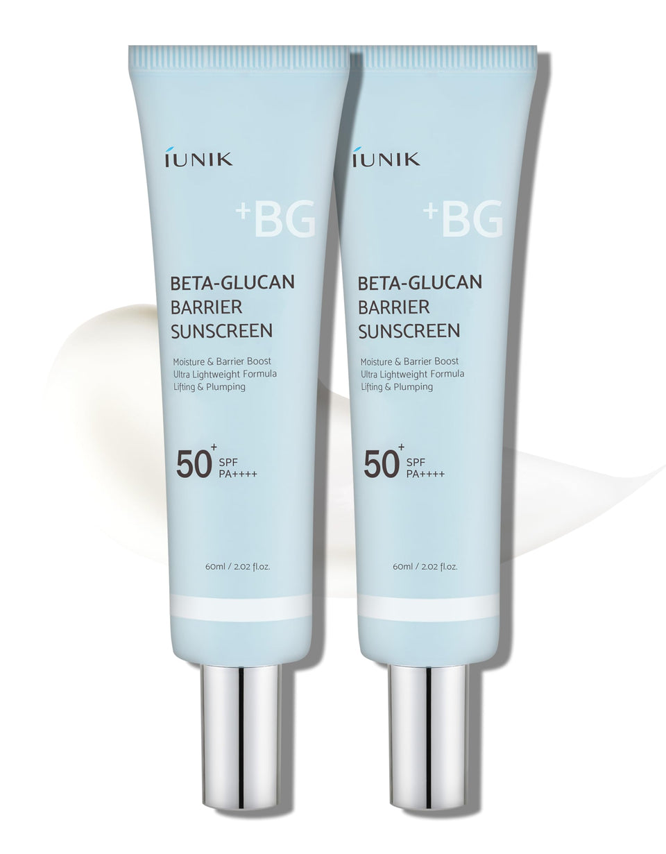 IUNIK Beta-Glucan Daily Sunscreen bottle pour demonstrates fast absorption for daily protection.