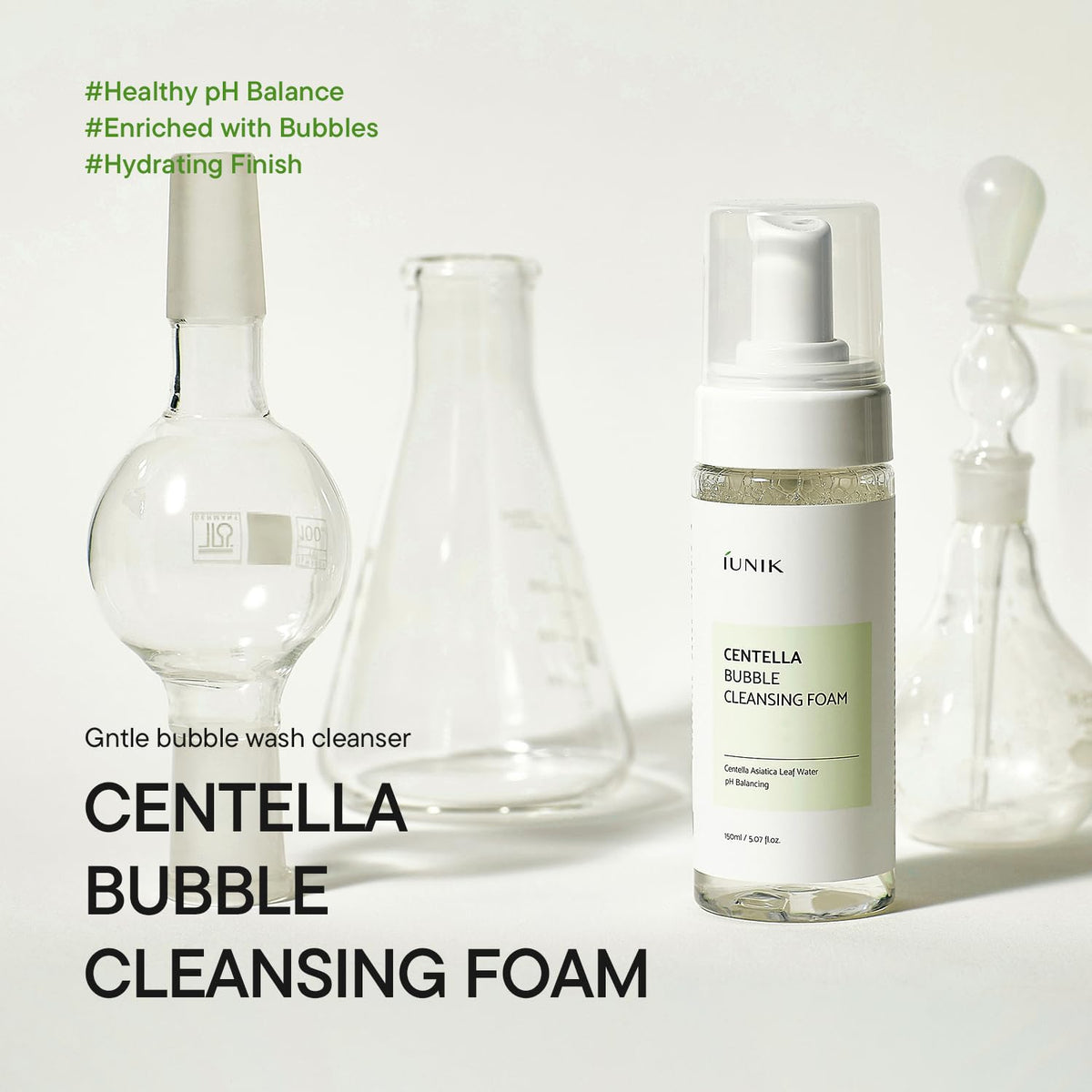 IUNIK Centella Bubble Foaming Cleanser foam close-up for gentle cleansing.