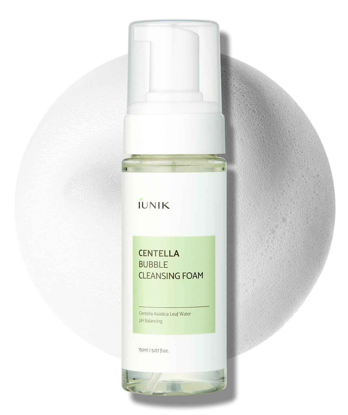IUNIK Centella Bubble Foaming Cleanser bottle close-up showing soothing, hydrating lather.