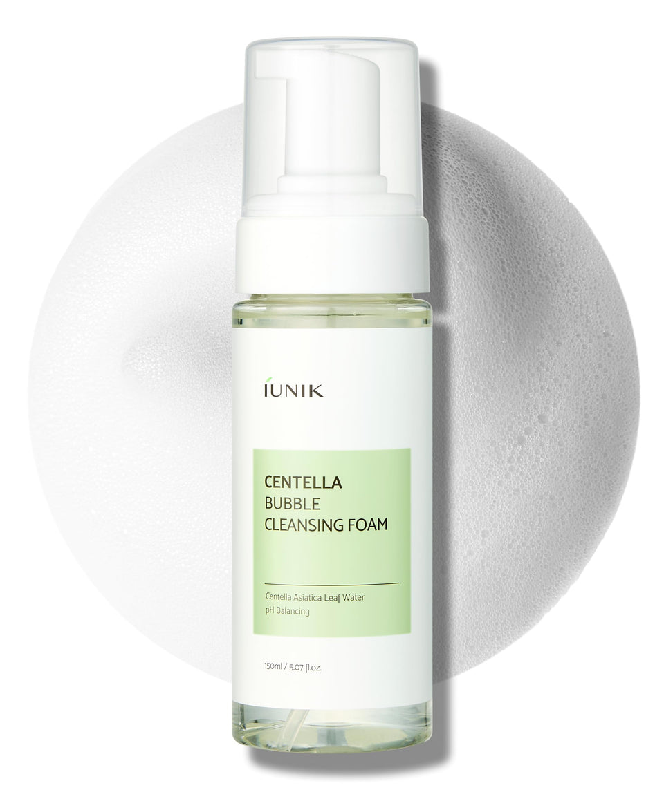 IUNIK Centella Bubble Foaming Cleanser bottle close-up showing soothing, hydrating lather.