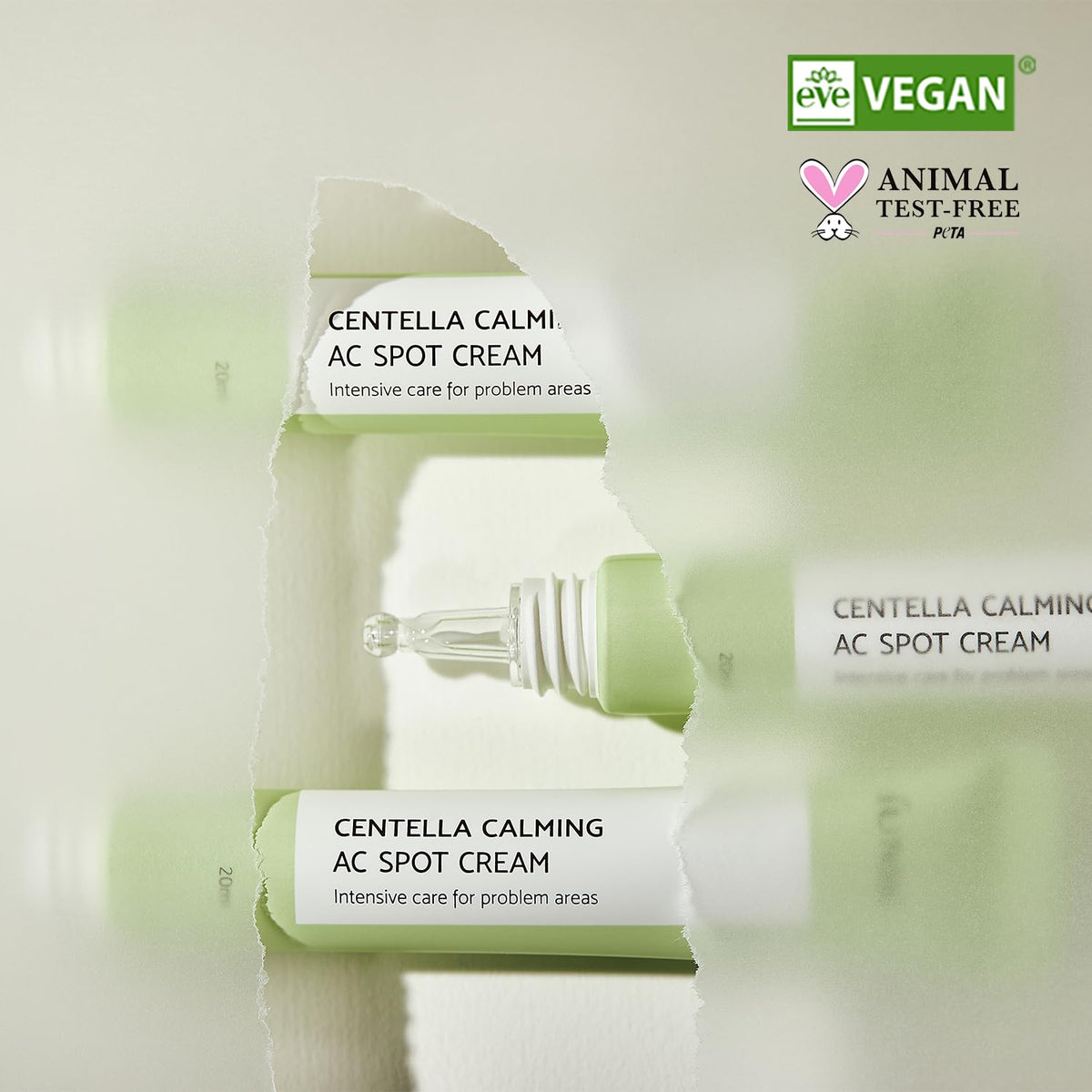 IUNIK Centella Calming AC Spot Cream bottle on vanity showcases compact travel-friendly packaging.