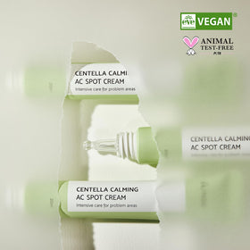 IUNIK Centella Calming AC Spot Cream bottle on vanity showcases compact travel-friendly packaging.