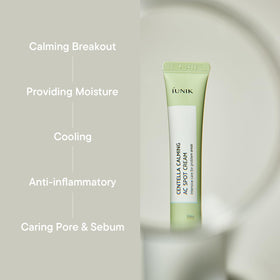 IUNIK Centella Calming AC Spot Cream packaging detail highlights vegan formula and absence of parabens.