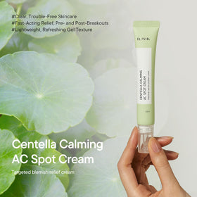 IUNIK Centella Calming AC Spot Cream texture closeup highlights a non-sticky finish for comfort.