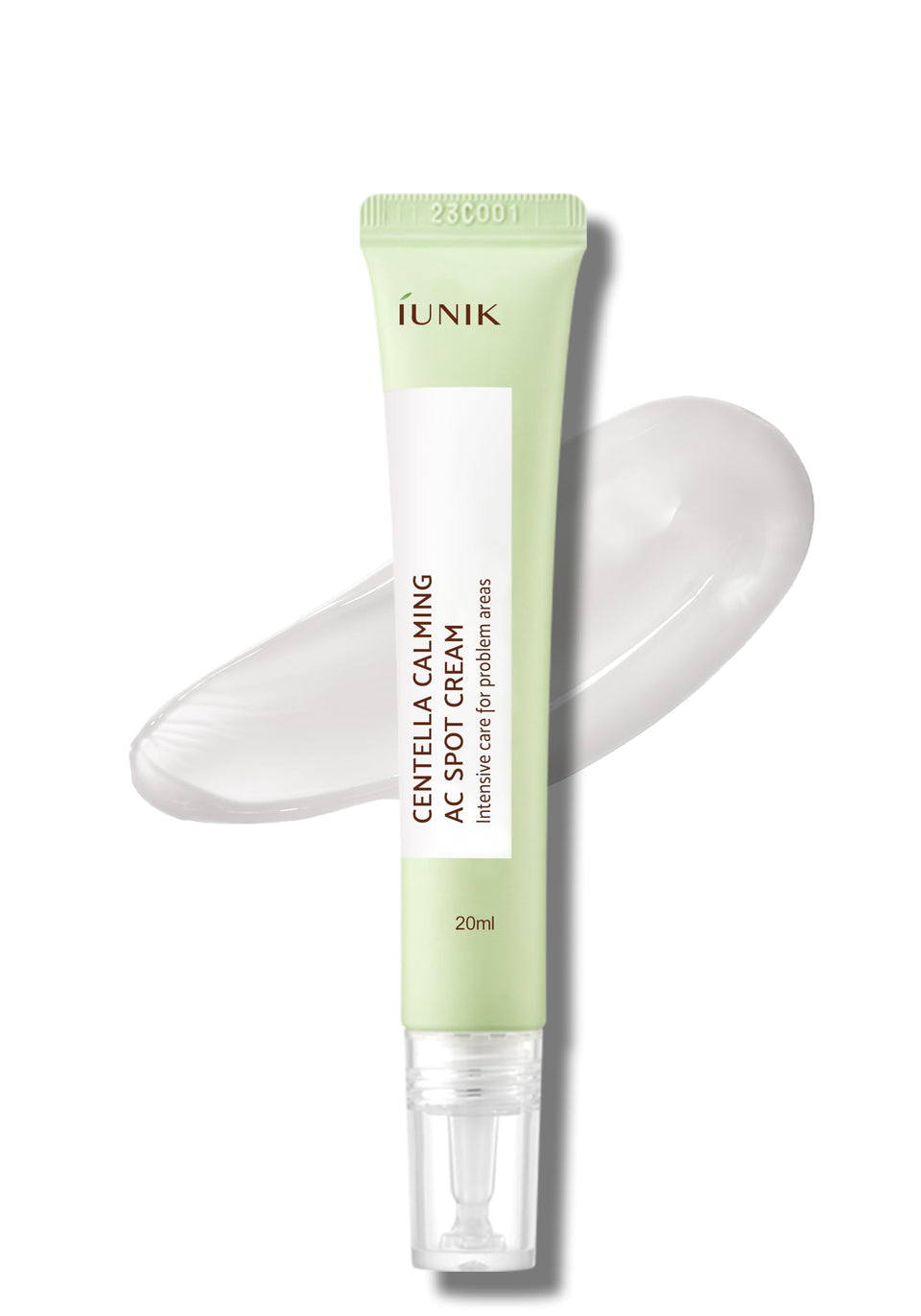 IUNIK Centella Calming AC Spot Cream tube closeup shows a lightweight gel texture for quick absorption.