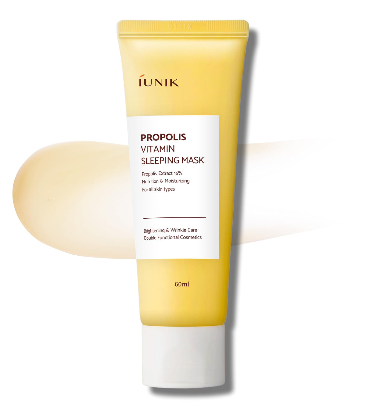 IUNIK Propolis Vitamin Sleeping Mask jar close-up showing rich overnight hydration.