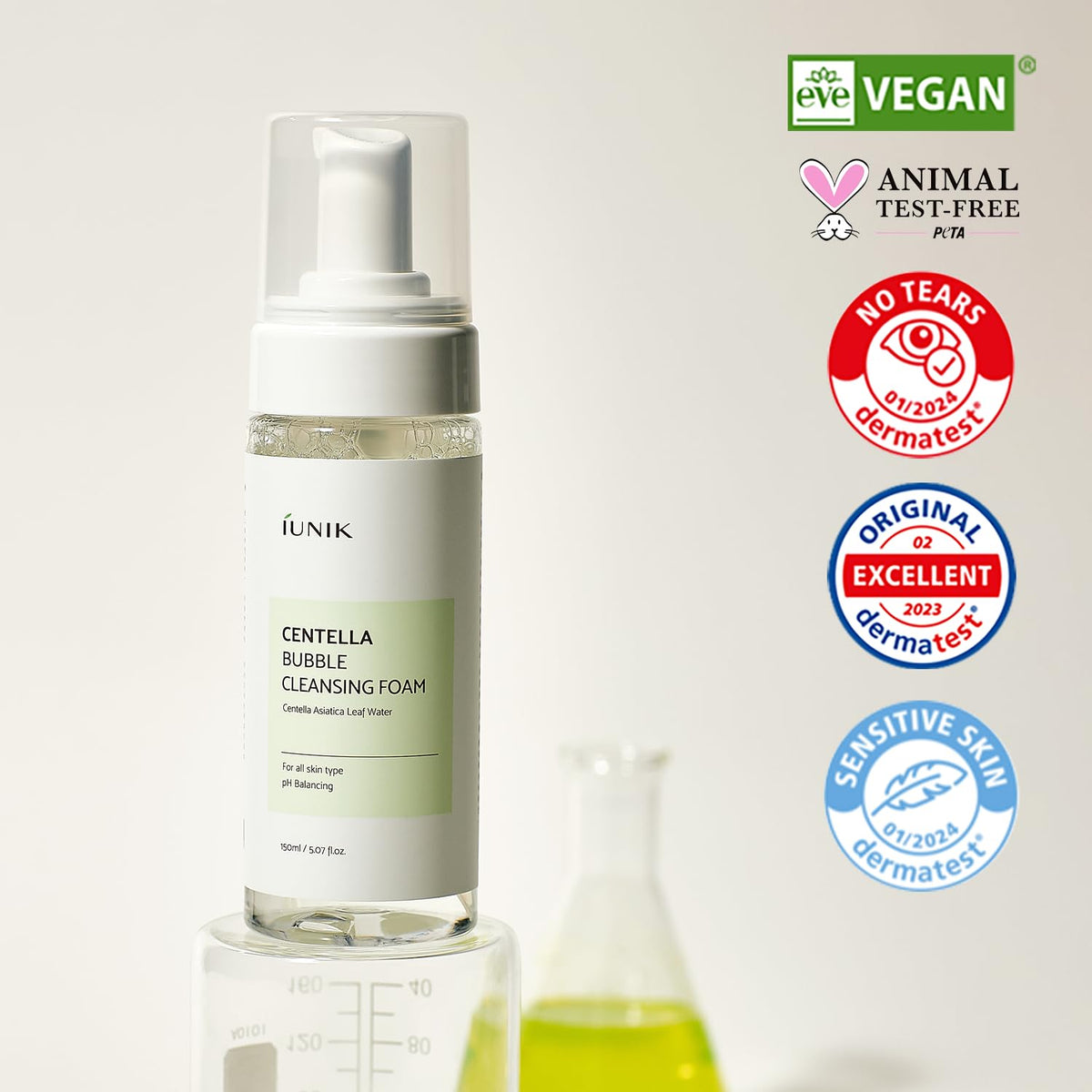 IUNIK Tea Tree Water ingredient shot indicates soothing, balancing properties.
