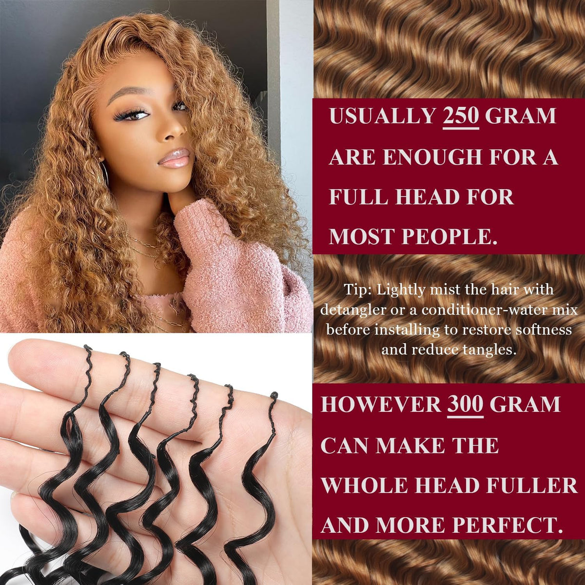 IVCoco honey blonde deep wave crochet 18in detail highlights color and fullness.