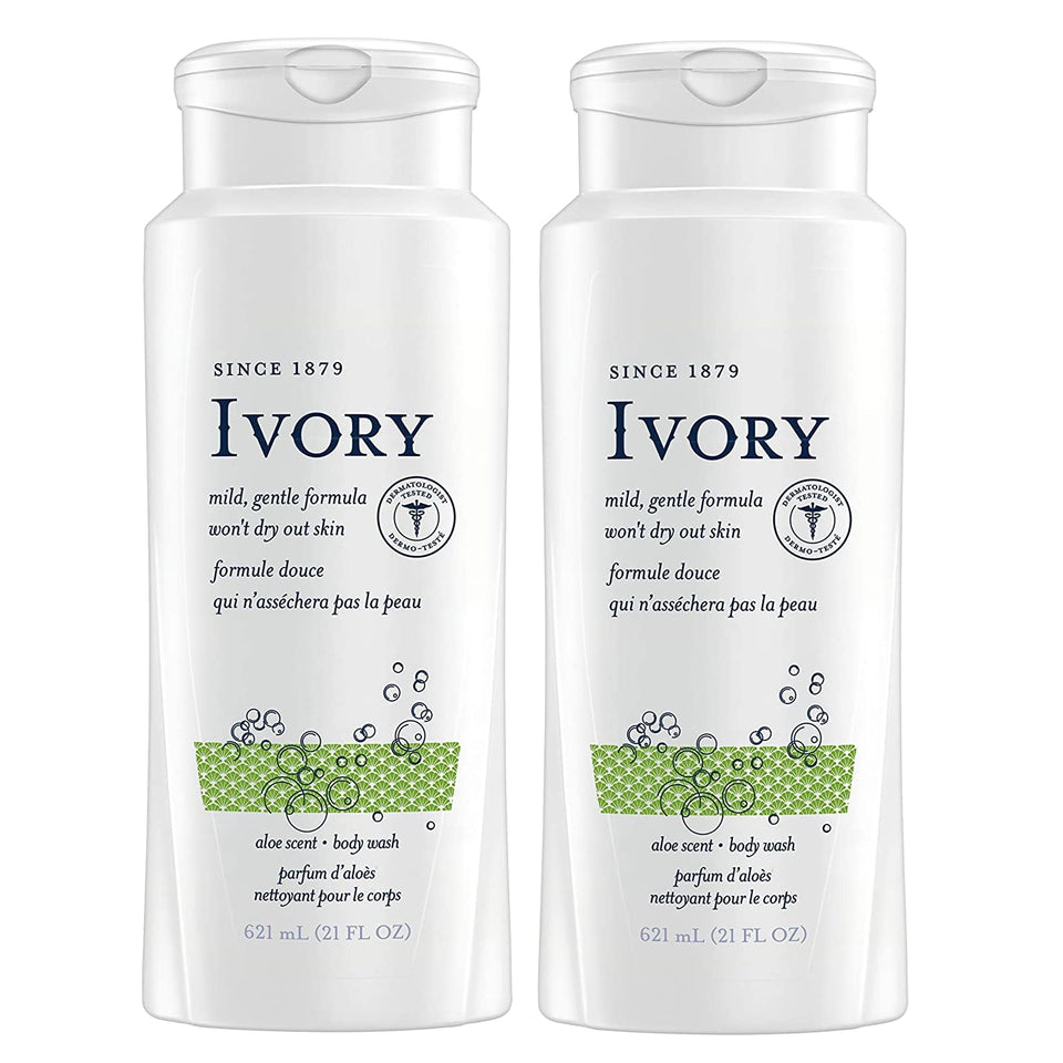 Ivory Aloe Body Wash bottle with easy pour, showcasing a clean, hydrating skincare routine.