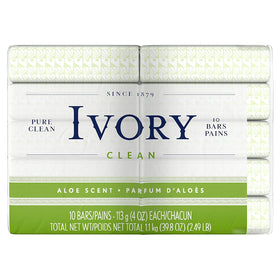 Ivory Aloe Bar Soap closeup highlights pure formula and aloe touch.