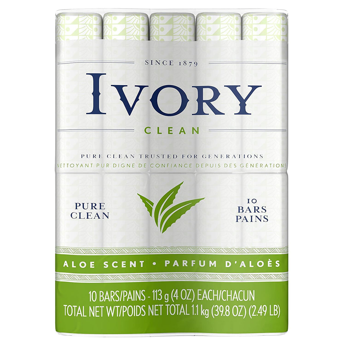Ivory Aloe Bar Soap front view shows a gentle, dye-free family cleanse.