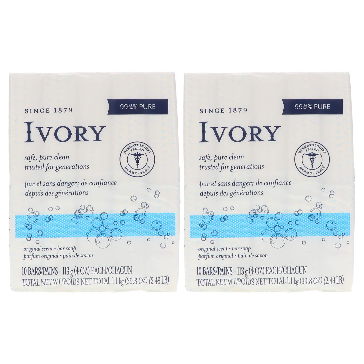 Ivory Original bar soap, front view, two-bar pack for simple family cleansing.
