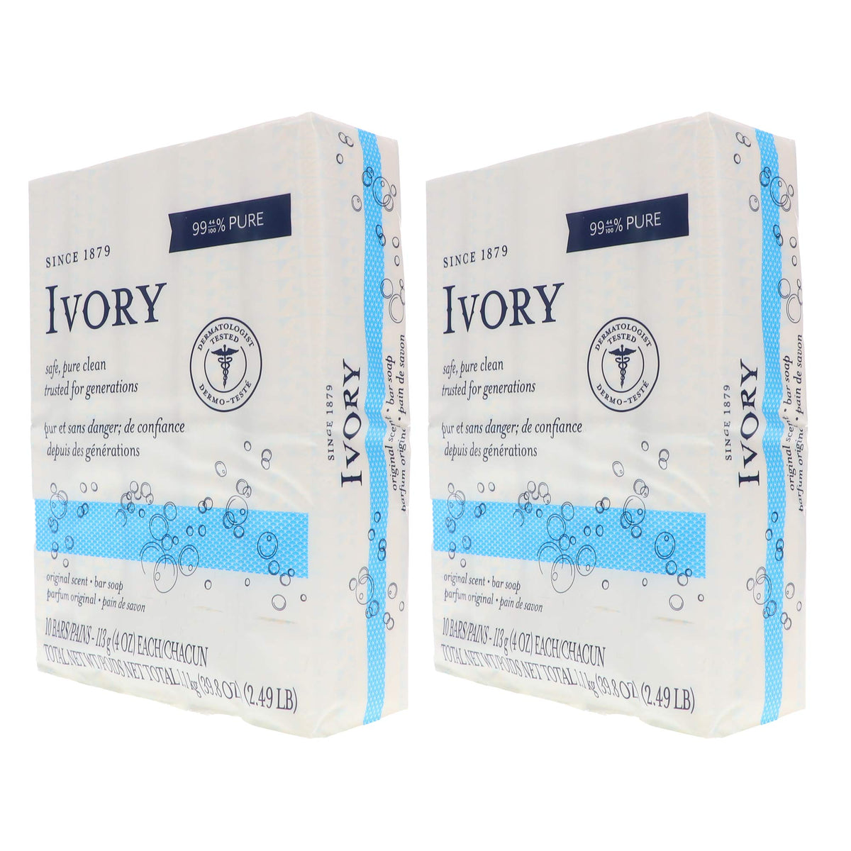 Ivory Original bar soap packaging highlighting dye-free formula.