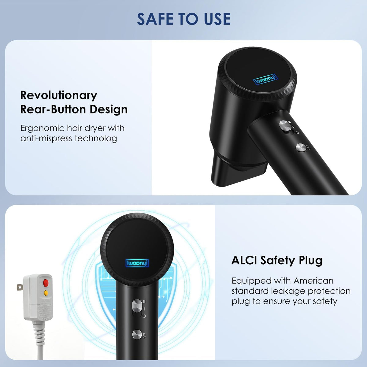 IWAANYI hair dryer features a lightweight, ergonomic design for comfort