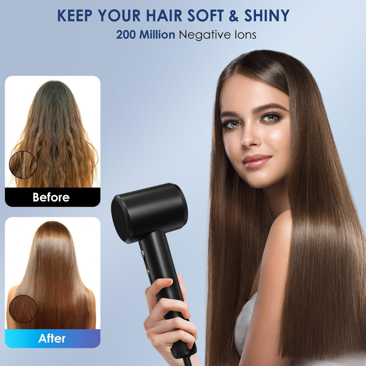IWAANYI hair dryer releases negative ions to reduce static and add shine
