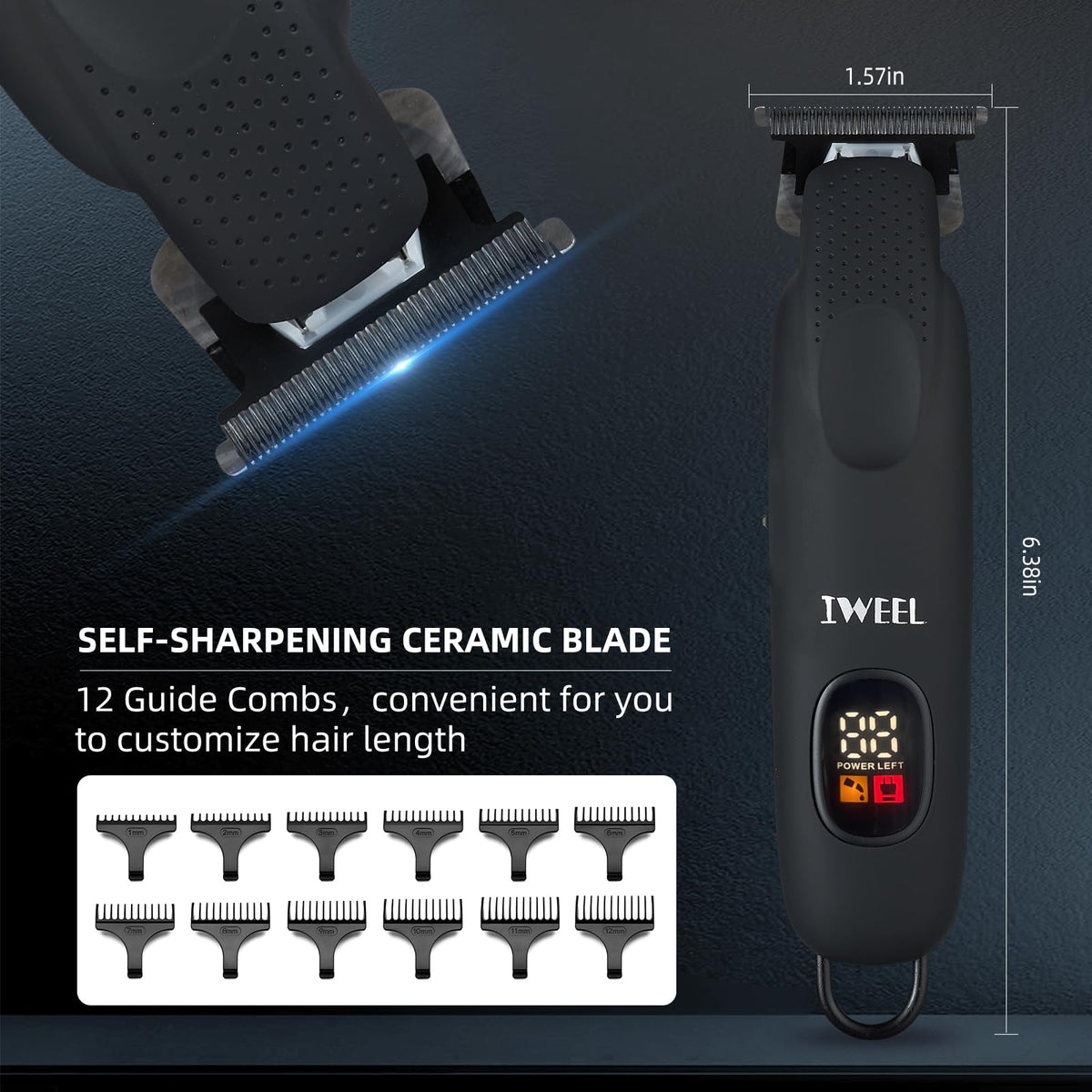 IWEEL trimmer LCD display shows battery level for cordless use
