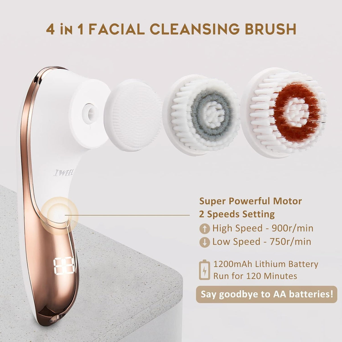 IWEEL four-head brush set close-up for versatile exfoliation and cleansing options.