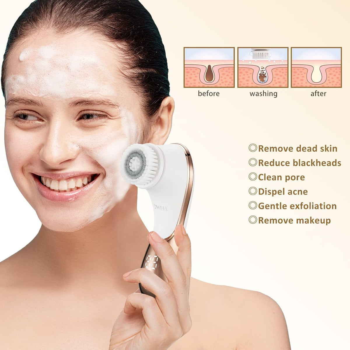 IWEEL Rechargeable battery and compact design for long-lasting skincare sessions.