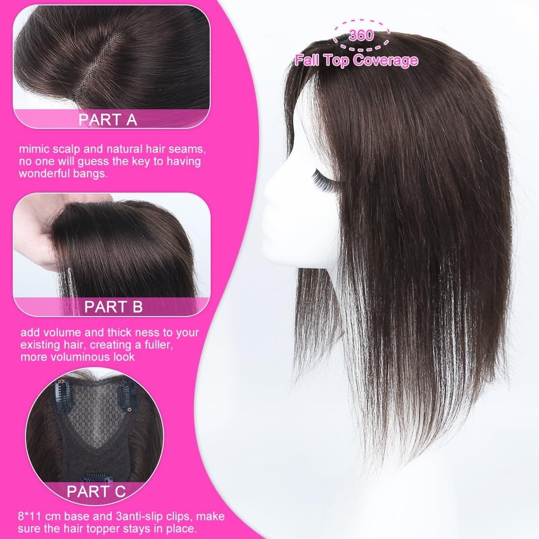 Iwig hair topper anti-slip clips ensure secure, undetectable attachment.