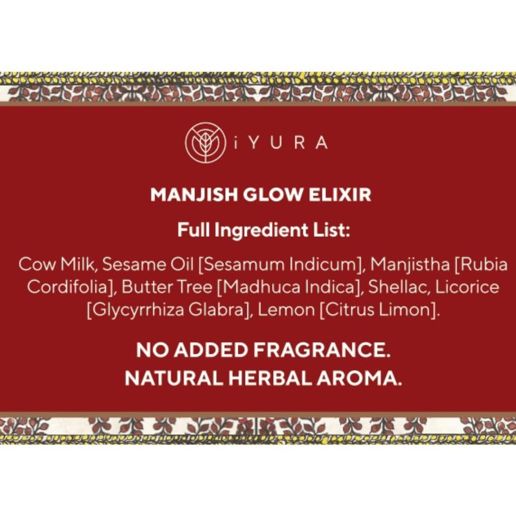 Iyura Manjish Glow Elixir clarity-closeup highlights blemish smoothing potential.