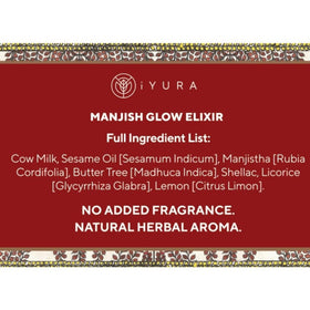 Iyura Manjish Glow Elixir clarity-closeup highlights blemish smoothing potential.