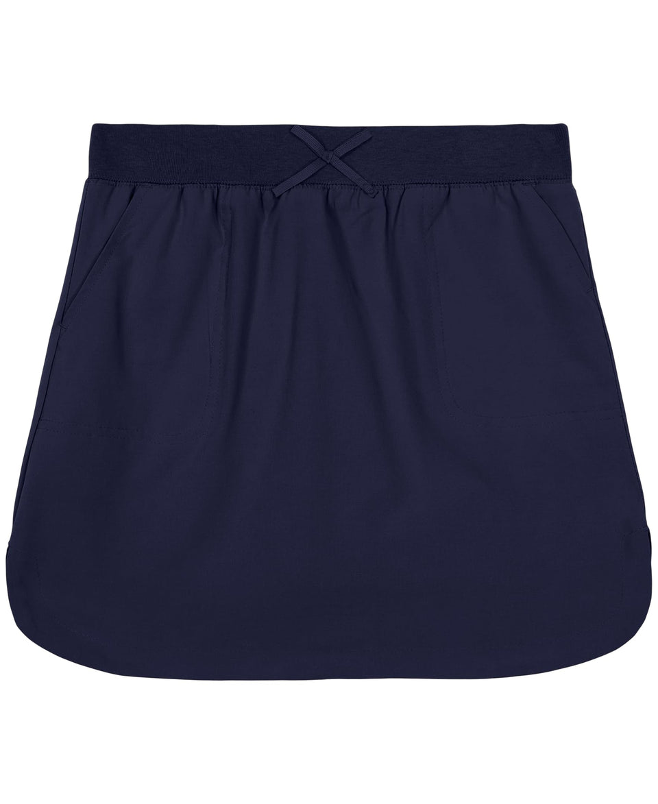 IZOD girls scooter skirt with navy undershorts, knit waistband, and front pockets