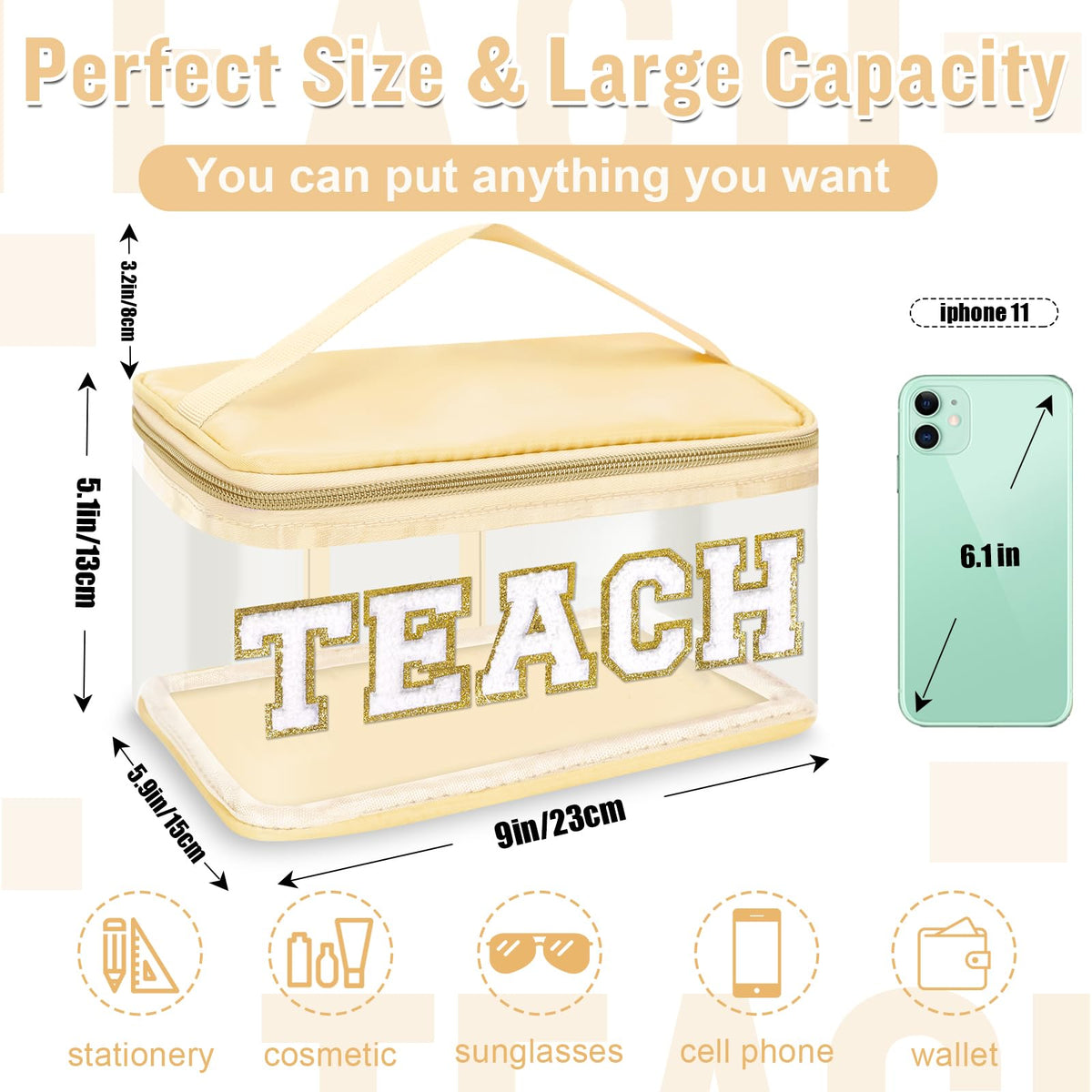 Izuzta TEACH chenille letter detail adds playful elegance for teachers.